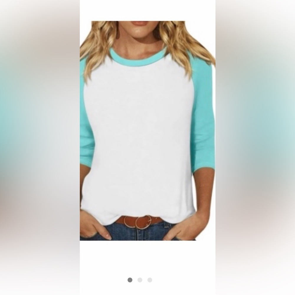 CHASOR Long Sleeve Baseball Tee White Aqua Blue Top‎ Size XS